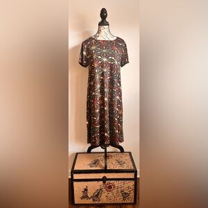 LuLaRoe Maxi Dress in Black with Red and Gold Starburst Print
